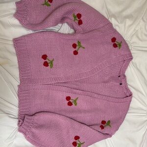 Cherry Embroidered Pink Cardigan